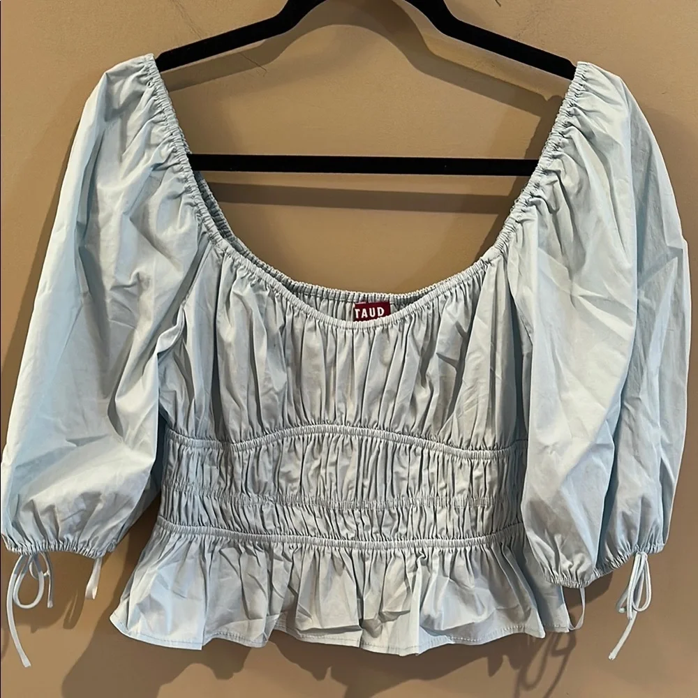 STAUD Faye Smocked Ruffle Blouse Top Winter Sky Blue 10